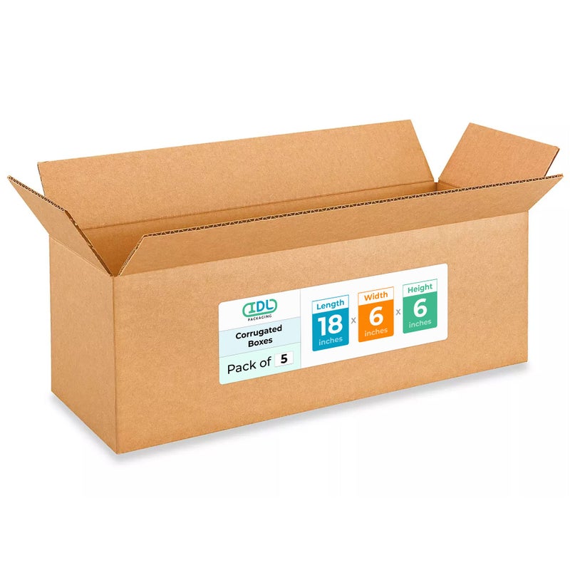 IDL Packaging Long Moving & Shipping Boxes 18 x 6 x 6 inches (5-Pack) - Extra Strength 200 lb vs Regular - Corrugated Moving Boxes for USPS/UPS/FEDEX - Durable Shipping Box - Cardboard Box by IDL Packaging - Image 1